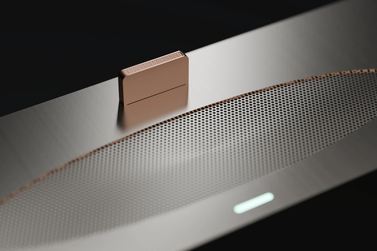 Close-up render of the crown with the aqua light and the copper Key.