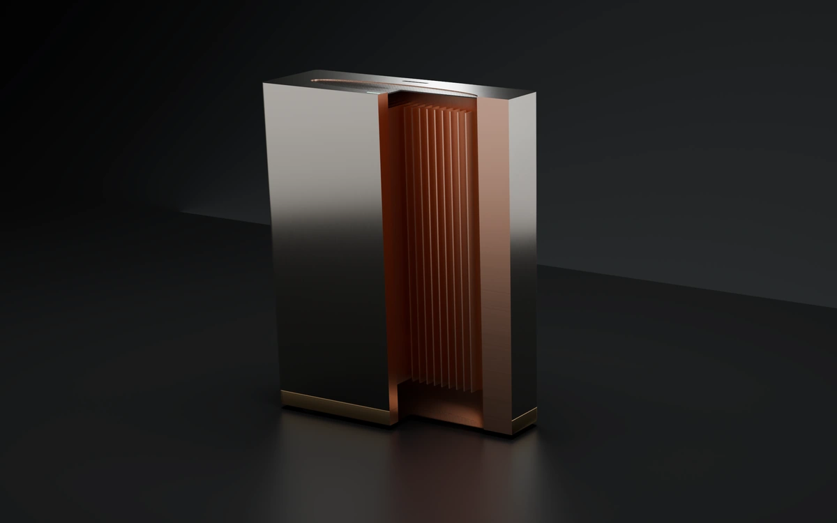Cutaway render showing copper fins inside the chimney.