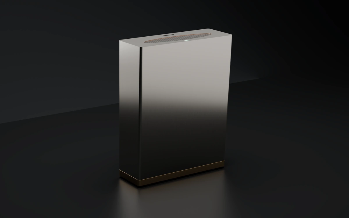 Render of Ameka One, a brushed nickel slab with a bronze base, on a dark studio floor.