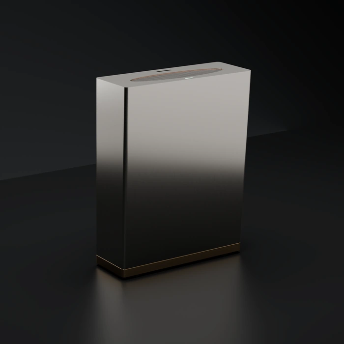 Render of Ameka One: a brushed nickel slab with a bronze base, lit from above on a dark floor.